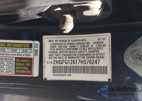 2007 Honda Civic Lx z USA, uszkodzony, nr VIN 2HGFG12617H576247